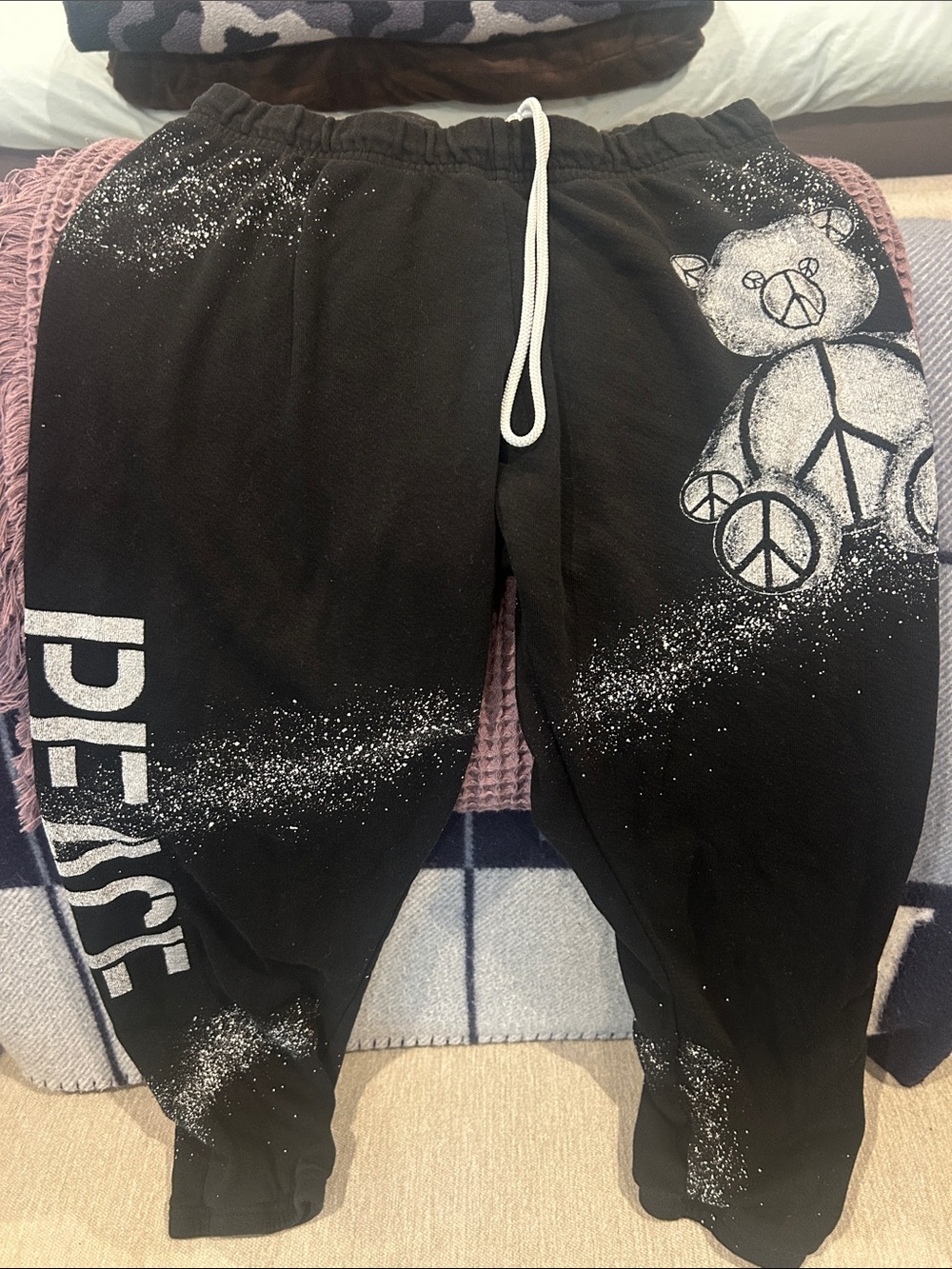 Lauren Moshi Black Sweatpants with White Peace Bear Graphic